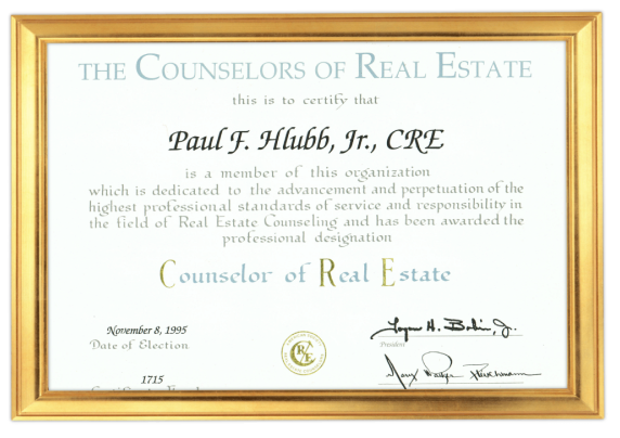 Paul F. Hlubb Jr.'s Counselor of Real Estate (CRE) certificate, 1995